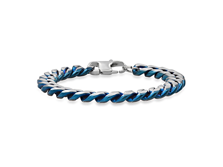 Men's Two-tone Stainless Steel and Blue Ion-Plated Cuban Link Chain Bracelet