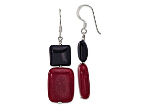 Sterling Silver Polished Black Agate and Red Jadeite Dangle Earrings