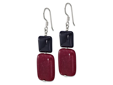 Sterling Silver Polished Black Agate and Red Jadeite Dangle Earrings