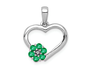 Rhodium Over 14k White Gold Heart and Flower Pendant with Diamond and Emerald