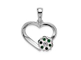Rhodium Over 14k White Gold Heart and Flower Pendant with Diamond and Emerald