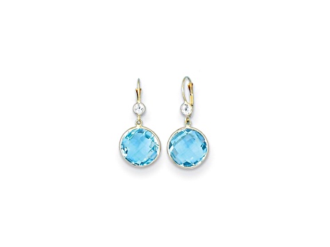 14K Yellow Gold Blue and White Topaz Leverback Dangle Earrings