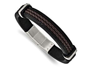 Black and Brown Braided Leather and Stainless Steel Polished Black with 0.5-inch Extension Bracelet