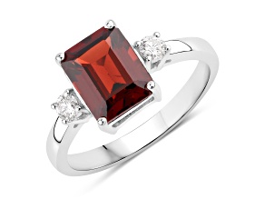 Mozambique Garnet and Lab Grown Diamond Rhodium Over Silver 3 Stone Ring 2.67ctw