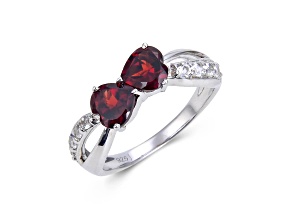 Garnet and White Topaz Dual Heart Sterling Silver Ring, 1.58ctw