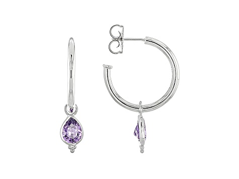 Judith Ripka 4ctw Pear Bella Luce Amethyst Simulant Rhodium Over Silver Dangle Hoop Earrings