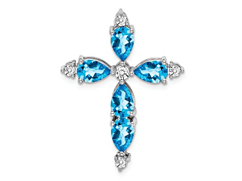 Rhodium Over 14k White Gold Blue Topaz and Diamond Cross Chain Slide