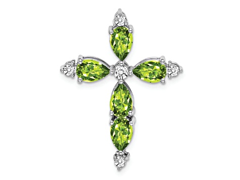 Rhodium Over 14k White Gold Peridot and Diamond Cross Chain Slide Pendant