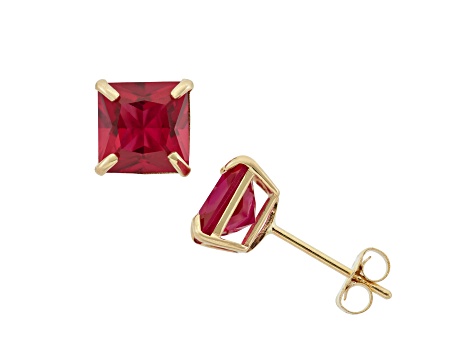 Lab Created Ruby Princess Cut 10K Yellow Gold Stud Earrings, 2.3ctw