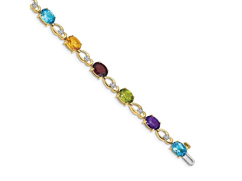 14k Yellow and White Gold with Rhodium Over 14k Yellow Gold Rainbow Gemstone and Diamond Bracelet