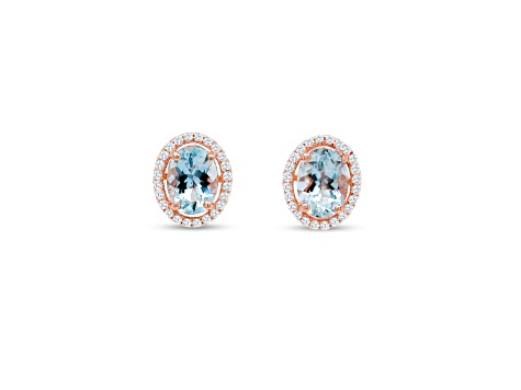 Aquamarine and CZ 1.87 Ctw Oval 18K Rose Gold Over Sterling Silver Studs Earrings Jewelry