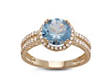 Aquamarine Simulant 10K Yellow Gold Halo Ring 2.10ctw