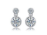 Rhodium Plated over Brass with Two-Stone Cubic Zirconia Milgrain Dangle Drop Earrings