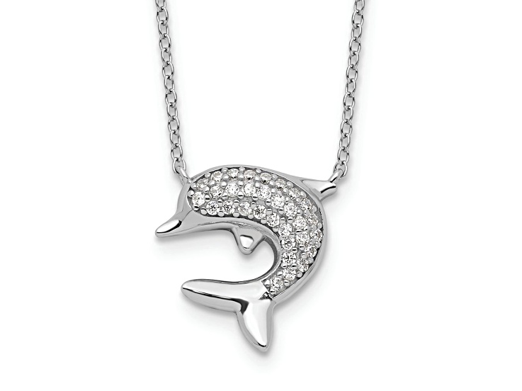 Rhodium Over Sterling Silver Polished Cubic Zirconia Dolphin 18 Inch with 2" Extension Necklace