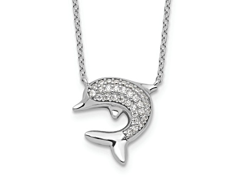 Rhodium Over Sterling Silver Polished Cubic Zirconia Dolphin 18 Inch with 2" Extension Necklace