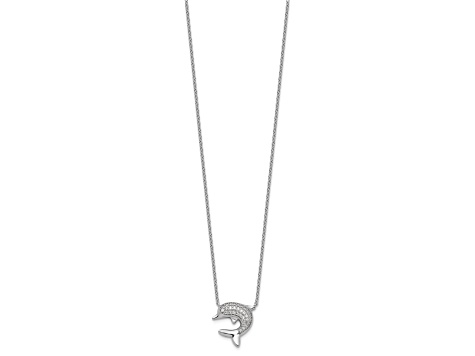 Rhodium Over Sterling Silver Polished Cubic Zirconia Dolphin 18 Inch with 2" Extension Necklace