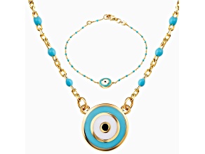 14K Solid Gold And Turquoise Chain Alternating Evil Eye Bracelet Necklace Set