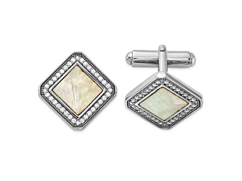 Sterling Silver Rhodium-plated Cubic Zirconia and Mother of Pearl Square Cuff Links
