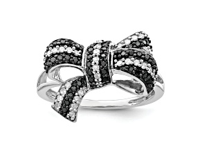 Rhodium Over Sterling Silver Black and White Diamond Bow Ring
