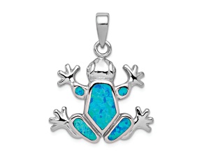 Rhodium Over Sterling Silver Blue Inlay Lab Created Opal Frog Pendant