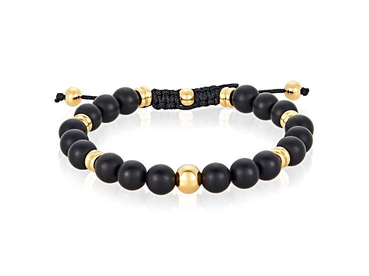 Invicta Jewelry Men's Matte Black Agate Stone and Yellow Steel Bead Adjustable Bracelet (8mm)