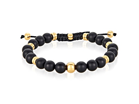 Invicta Jewelry Men's Matte Black Agate Stone and Yellow Steel Bead Adjustable Bracelet (8mm)