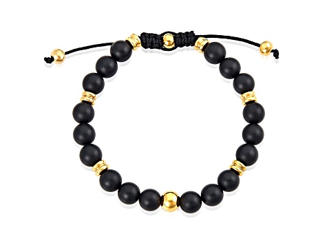 Invicta Jewelry Men's Matte Black Agate Stone and Yellow Steel Bead Adjustable Bracelet (8mm)