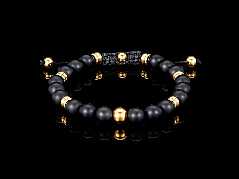 Invicta Jewelry Men's Matte Black Agate Stone and Yellow Steel Bead Adjustable Bracelet (8mm)