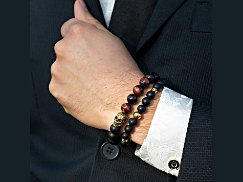 Invicta Jewelry Men's Matte Black Agate Stone and Yellow Steel Bead Adjustable Bracelet (8mm)