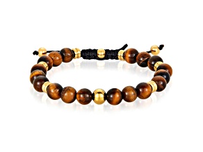 Invicta Jewelry Men's Tiger Eye Stone and Yellow Steel Bead Adjustable Bracelet (8mm)