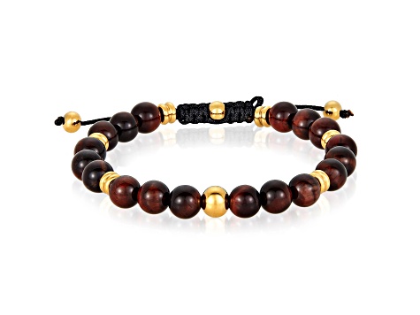 Invicta Jewelry Men's Red Tiger Eye Stone and Yellow Steel Bead Adjustable Bracelet (8mm)