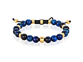 Invicta Jewelry Men's Blue Tiger Eye Stone and Yellow Steel Bead Adjustable Bracelet (8mm)