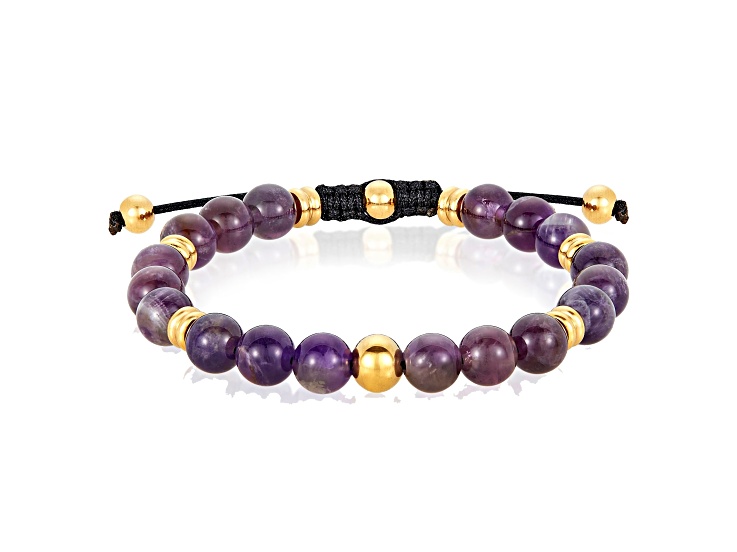 Invicta Jewelry Men's Amethyst Stone and Yellow Steel Bead Adjustable Bracelet (8mm)
