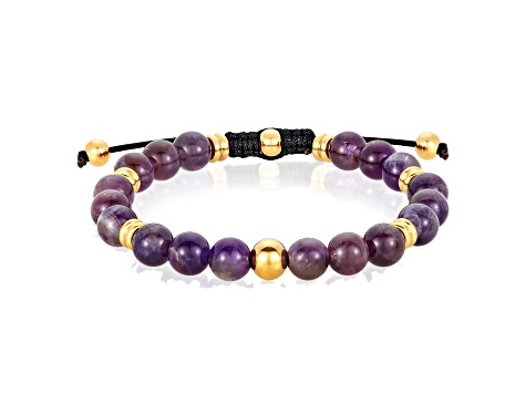 Invicta Jewelry Men's Amethyst Stone and Yellow Steel Bead Adjustable Bracelet (8mm)