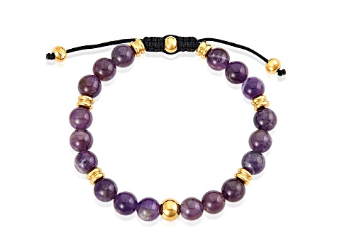 Invicta Jewelry Men's Amethyst Stone and Yellow Steel Bead Adjustable Bracelet (8mm)