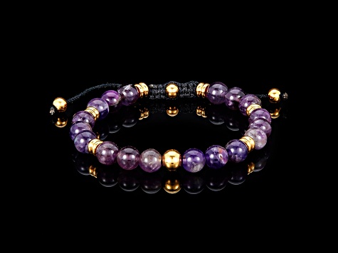 Invicta Jewelry Men's Amethyst Stone and Yellow Steel Bead Adjustable Bracelet (8mm)