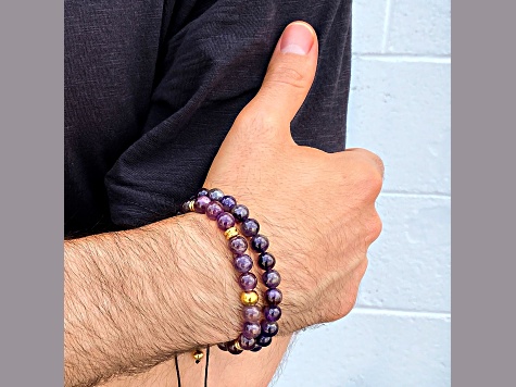 Invicta Jewelry Men's Amethyst Stone and Yellow Steel Bead Adjustable Bracelet (8mm)