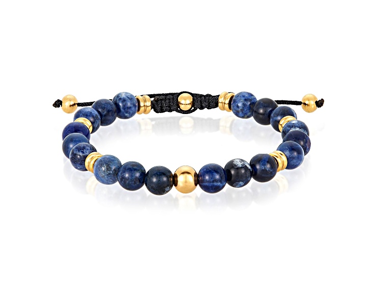 Invicta Jewelry Men's Sodalite Stone and Yellow Steel Bead Adjustable Bracelet (8mm)