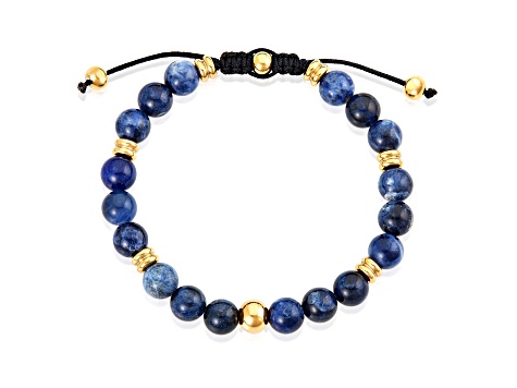 Invicta Jewelry Men's Sodalite Stone and Yellow Steel Bead Adjustable Bracelet (8mm)