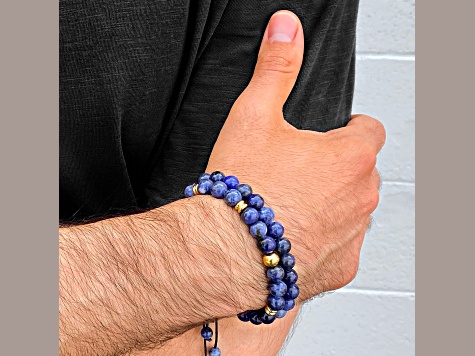 Invicta Jewelry Men's Sodalite Stone and Yellow Steel Bead Adjustable Bracelet (8mm)