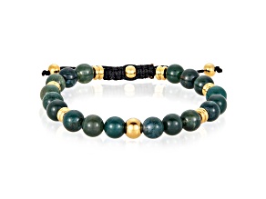 Invicta Jewelry Men's Moss Agate Stone and Yellow Steel Bead Adjustable Bracelet (8mm)