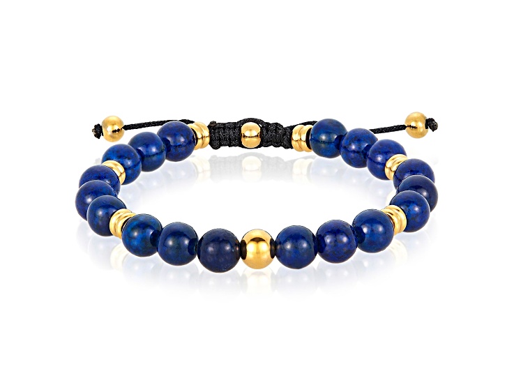 Invicta Jewelry Men's Lapis Lazuli Stone and Yellow Steel Bead Adjustable Bracelet (8mm)
