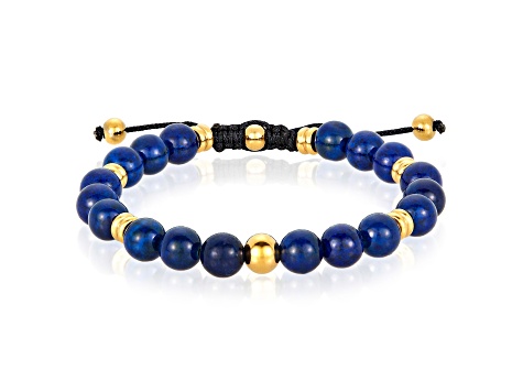 Invicta Jewelry Men's Lapis Lazuli Stone and Yellow Steel Bead Adjustable Bracelet (8mm)