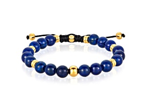 Invicta Jewelry Men's Lapis Lazuli Stone and Yellow Steel Bead Adjustable Bracelet (8mm)
