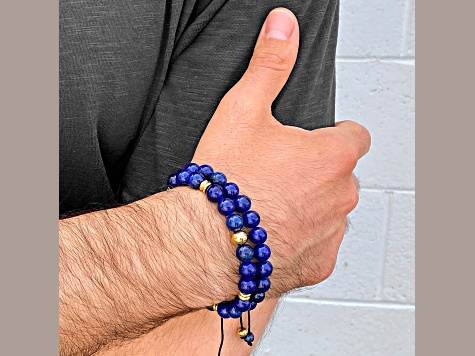 Invicta Jewelry Men's Lapis Lazuli Stone and Yellow Steel Bead Adjustable Bracelet (8mm)