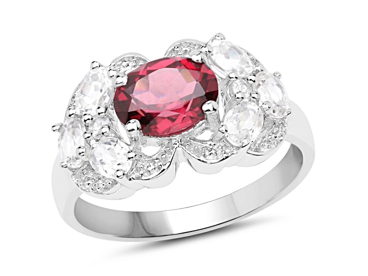 Red Rhodolite and White Zircon Rhodium Over Sterling Silver Cocktail Ring
