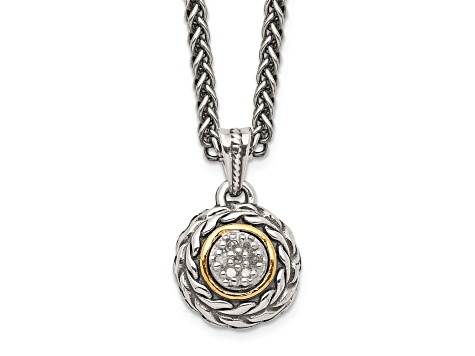 Sterling Silver Antiqued with 14K Accent Diamond Round Pendant Necklace