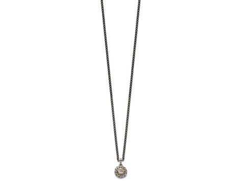 Sterling Silver Antiqued with 14K Accent Diamond Round Pendant Necklace