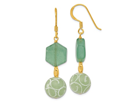 14K Gold Over Sterling Silver Hexagon Aventurine and Swirl Jadeite Dangle Earrings