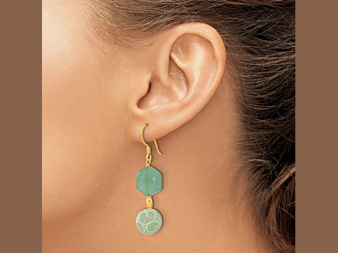 14K Gold Over Sterling Silver Hexagon Aventurine and Swirl Jadeite Dangle Earrings